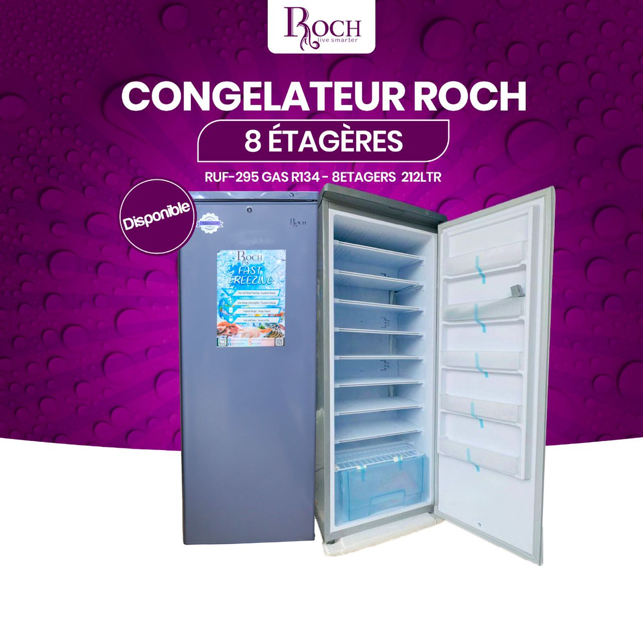 Roch Congélateur Vertical 8 Tiroirs - 295 Litres – RUF-295-J – Gris - Classe A+